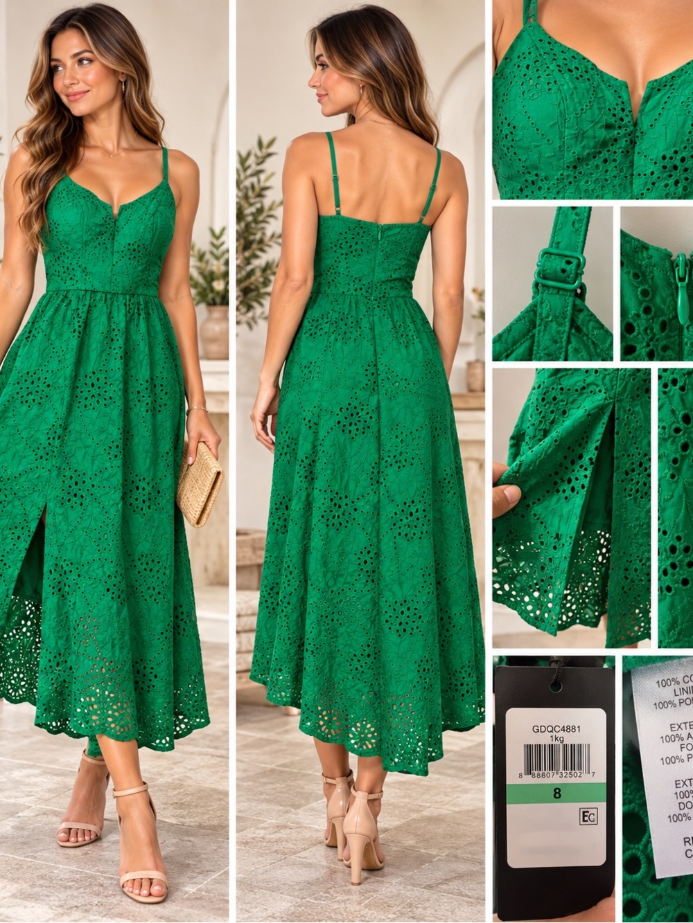 GUESS Green Eyelet Embroidered Dress Size 8 NWT High Low Cotton